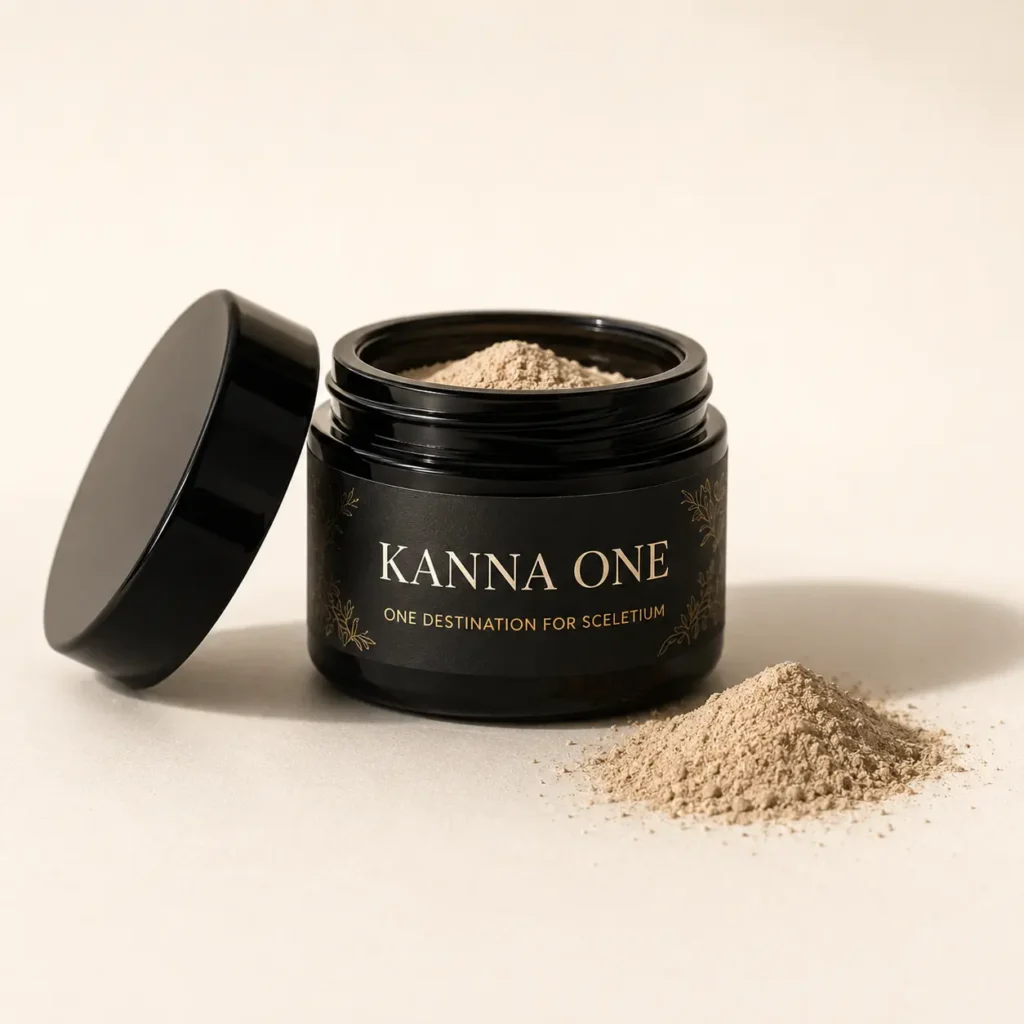 MESEMBRA Kanna extract powder in a black glass jar